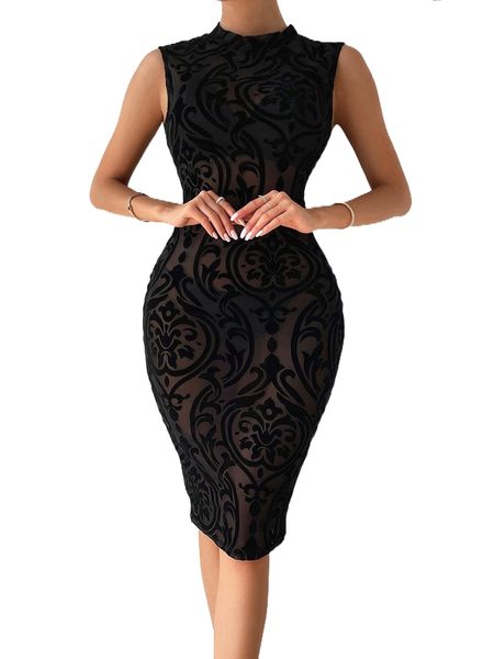 

mock neck allover print dress b2h0#, Black;gray