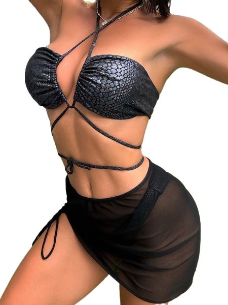 

snakeskin drawstring bikini swimsuit with beach skirt u0hx#, White;black
