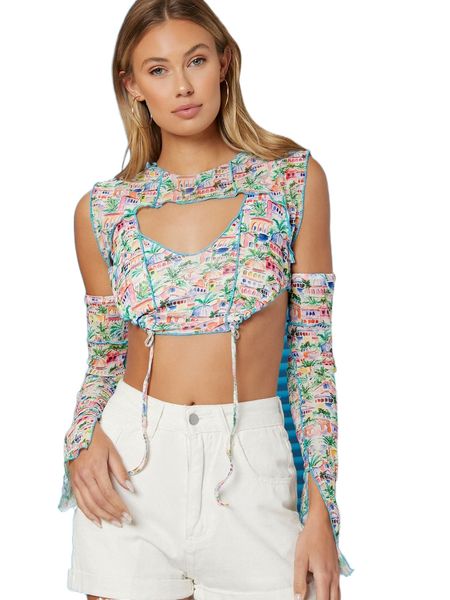 

x ji yeon lee tropical city print lettuce-edge cutout crop k46d#, White