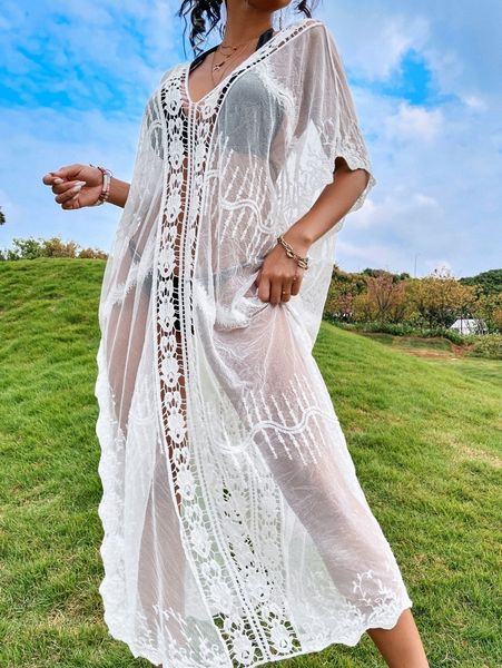 

mesh guipure lace trim cover up dress without bikini g8fr#, White;black