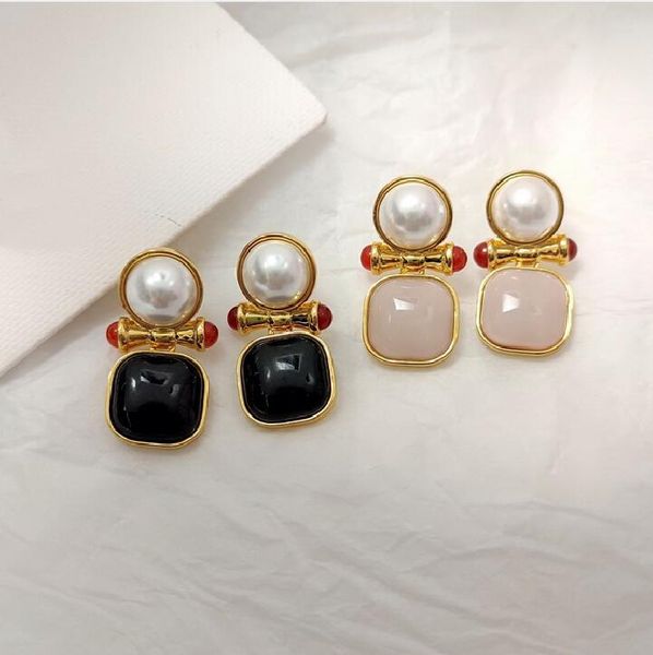 

french style dangle retro black pink gem ladies earring studs 18k gold-plated exaggerated women's party earrings k021, Silver