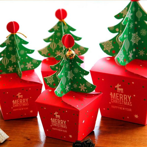 Confezione regalo 50ocs/lot Albero di Natale Scatola di imballaggio Sacchetto di favore Biscotto Caramelle Scatole di mele Con campane Decorazione per feste Scatola regalo