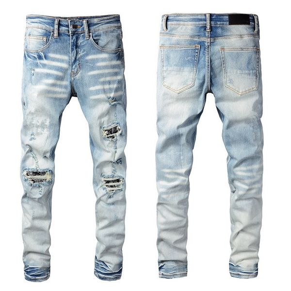 Jeans firmati da uomo Denim Skinny Rock Slim Biker Moto Hip Hop Gamba dritta Toppa blu chiaro Vintage Distress Stretch per uomo Pantaloni strappati Foro lungo con cerniera Peso medio