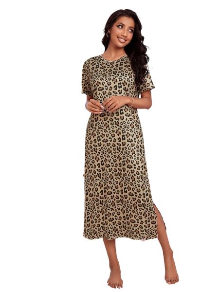 

leopard print split hem nightdress 26z4#, Black;red