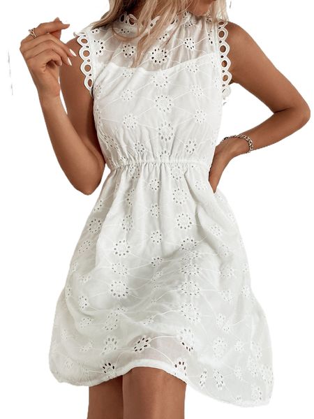 

eyelet embroidered keyhole back sleeveless schiffy dress 96wr#, Black;gray