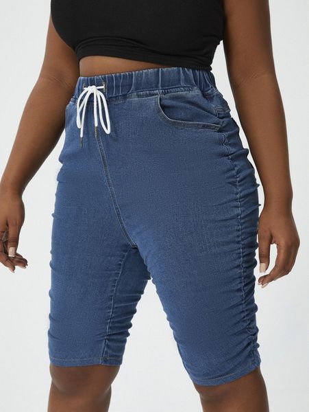 

sxy plus drawstring waist ruched side bermuda denim shorts t27o#, White;black