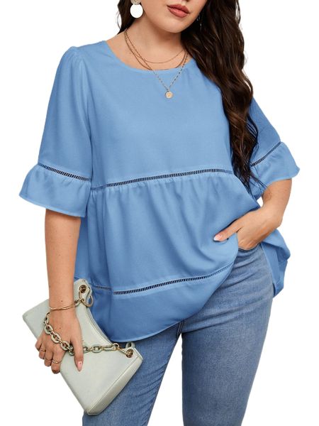 

plus hollow out flounce sleeve blouse f8sq#, Black