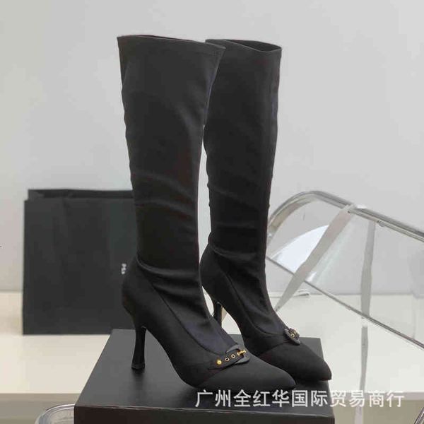 

boots high end quality autumn and winter elastic boots fashion pointed thin heel metal buckle, Black