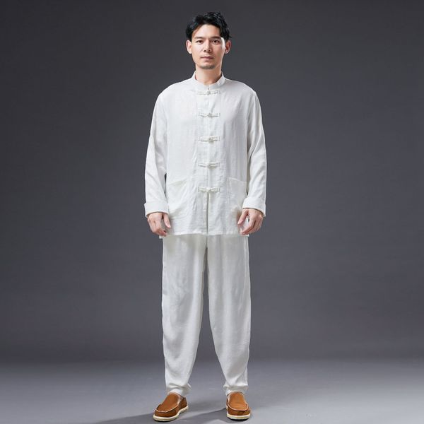 Tai Chi Hanfu Tuta Uomo Cotone Seta Imposta Tang Suit Giacca + Pantalone Uomo Kung Fu Tradizionale Cinese Uomo Abbigliamento Wushu