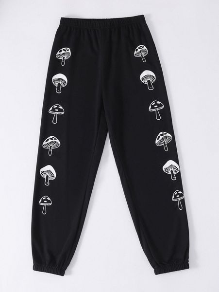 

mushroom print elastic waist sweatpants c2us#, Black;white