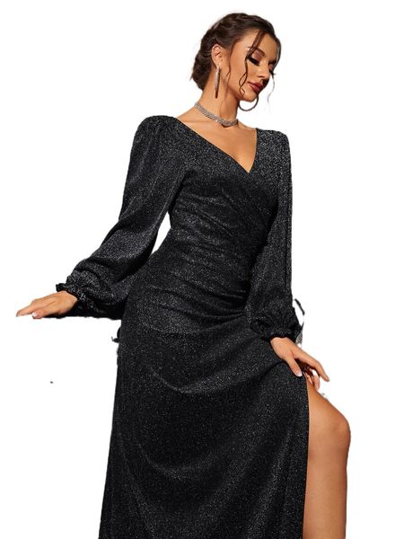 

surplice neck bishop sleeve split thigh glitter dress y4jt#, Black;gray