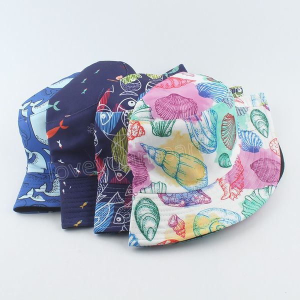 

mermaid print panama bucket hat summer sun hats for women men outdoor sunscreen fishing hiking beach fisherman cap, Blue;gray