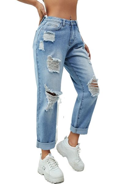 

ripped straight leg jeans 32vi#, Blue