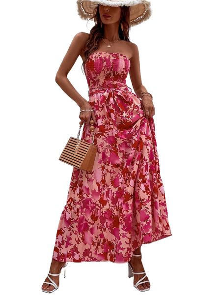 

floral print shirred bodice tube dress t32s#, Black;gray