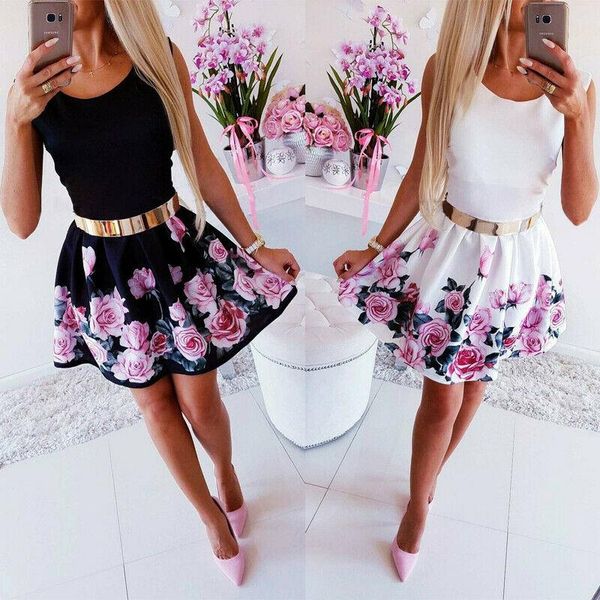 

casual dresses 2022 fashion women's boho floral chiffon summer sleeveless party evening beach short mini dress sundress, Black;gray
