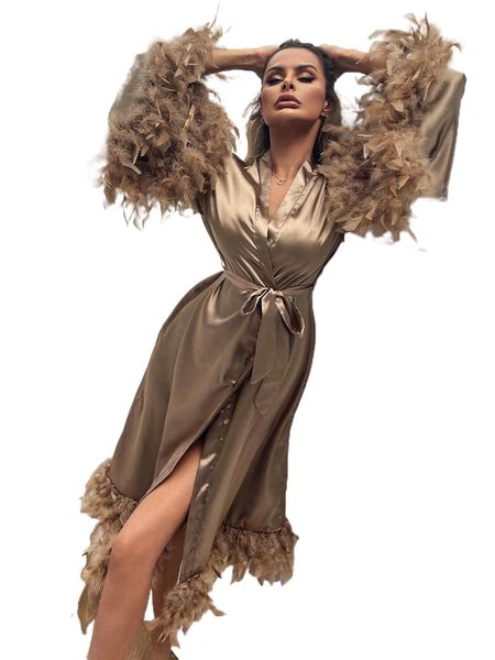 

fuzzy trim belted satin robe v5lk#, Black;red