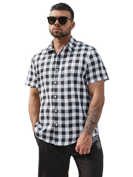 

extended sizes men plaid print button up shirt z1eb#, White;black