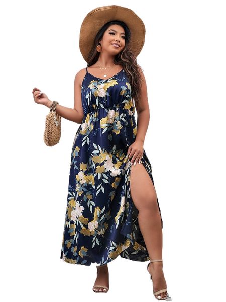 

plus floral print split thigh cami dress x9gl#, Black