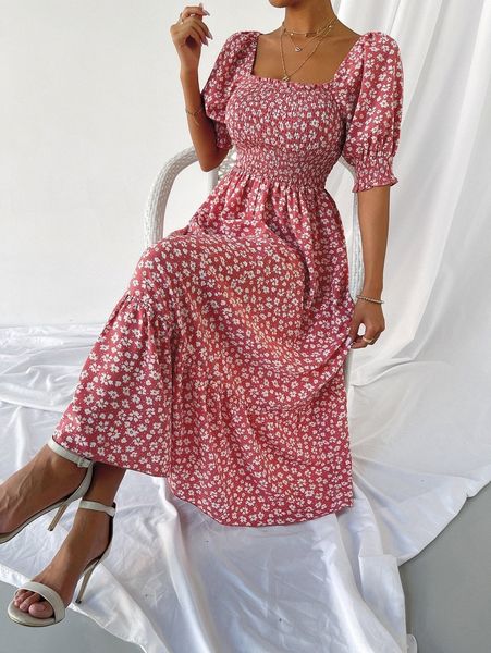 

allover floral print puff sleeve shirred detail dress q3te#, Black;gray