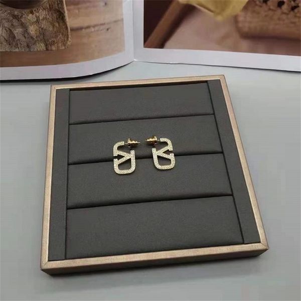 

design jewel ornament charm earring letter full drill earrings brass simple temperament earrings 925 silver needle, Golden