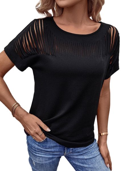 

laser cut out batwing sleeve tee 14zx#, White