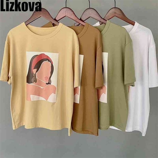 

lizkova 95% cotton tshirt women short sleeve summ shirt vintgae characters print harajuku oneck casual 210322, White