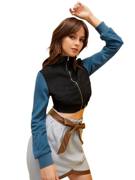 

x bronze empire zip up two tone stitching crop jacket q0ug#, Black;brown