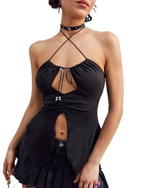 

cut out crisscross tie backless asymmetrical hem crop halter k7we#, White