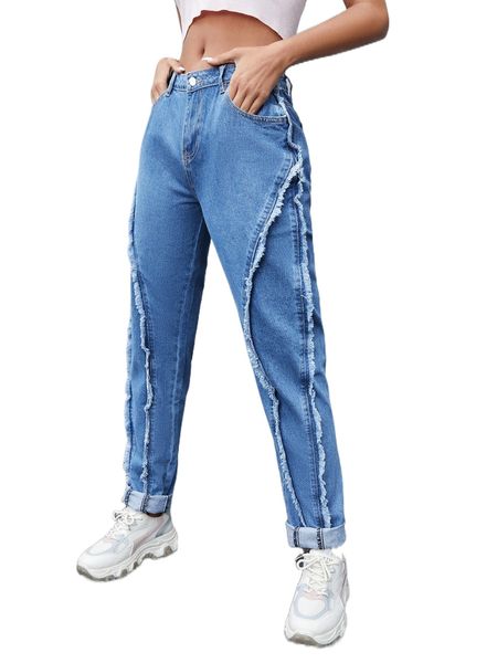 

medium washed fuzzy trim jeans h5zl#, Blue