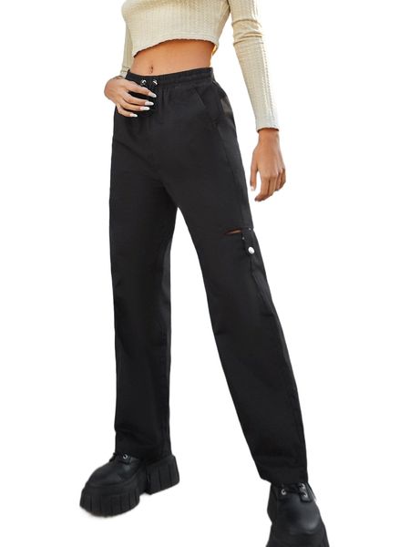

drawstring waist cut-out straight leg pants r98y#, Black;white