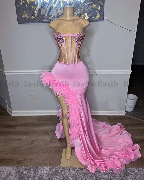 

pop pink appliques mermaid prom dresses backless feathers black girls evening gowns party dress