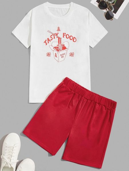 

men food & chinese letter graphic tee & shorts j8sh#, Gray