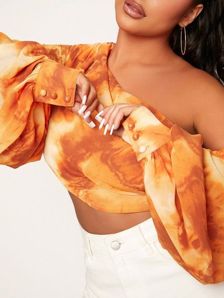 

sxy tie dye asymmetrical shoulder lantern sleeve crop i4m5#, White