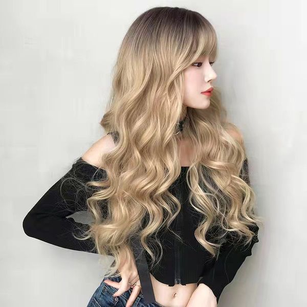 

2022 new girls long honey blonde wavy wig, Black