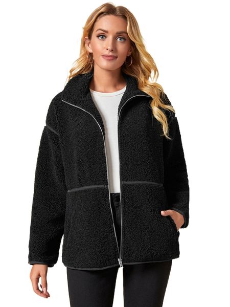 

emery rose zip up panel teddy coat 76cp#, Black