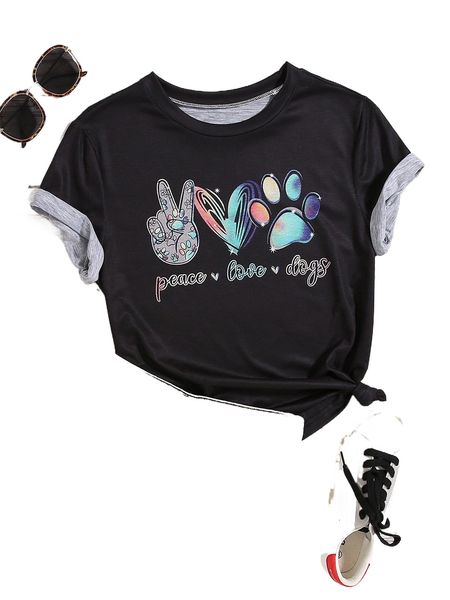 

plus letter & heart print tee k7wh#, Black