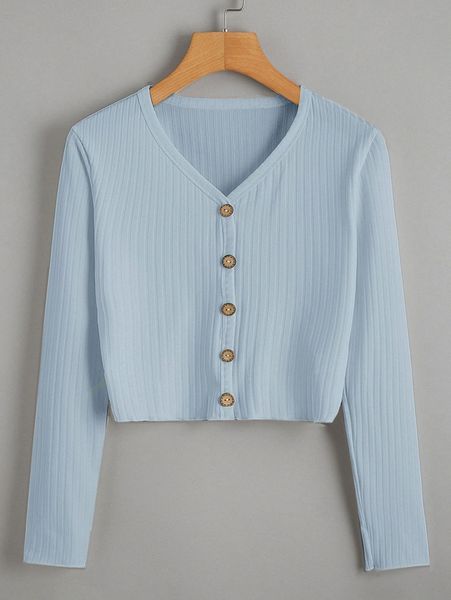 

button front rib-knit crop tee z1ci#, White