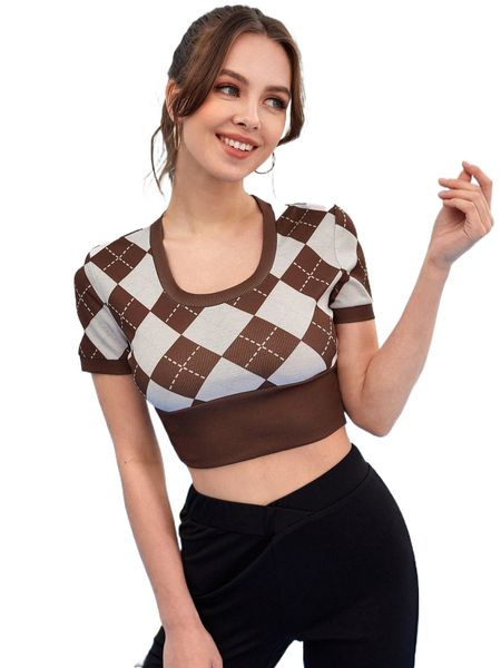 

scoop neck colorblock argyle contrast binding crop tee d7hc#, White