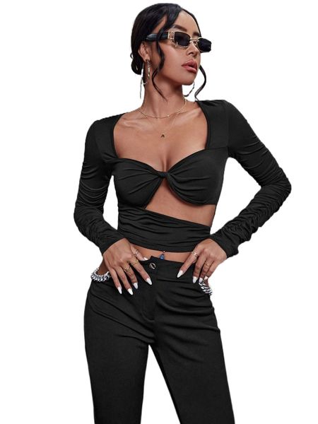 

cut out twist front ruched crop tee 56xq#, White