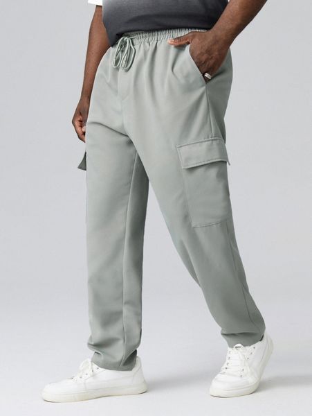 

extended sizes men drawstring waist flap pocket cargo pants v852#, Black