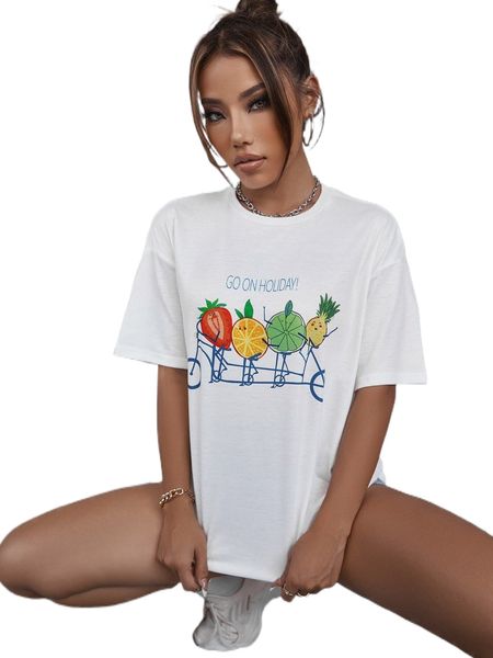 

fruit & slogan graphic drop shoulder tee o8xj#, White