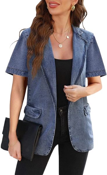 

women's denim short sleeve open front jacket distressed work blazer casual jean jacket g7ow#, White;black