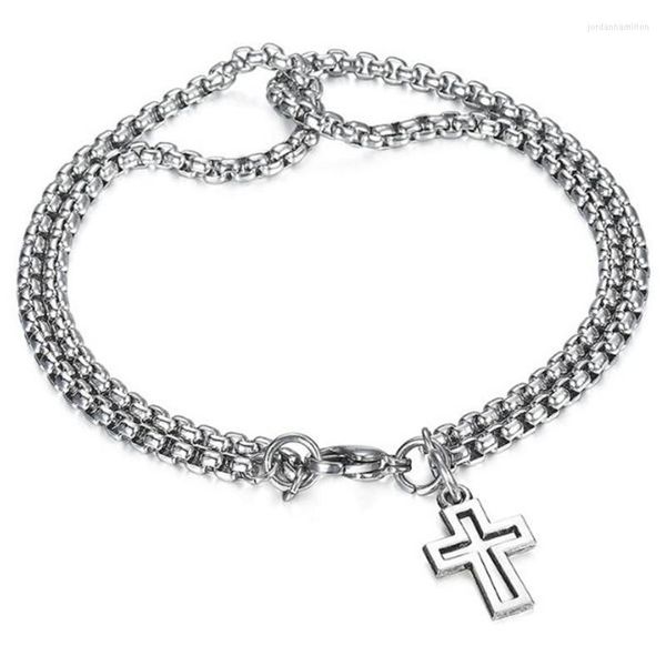 Link Chain Luoluoyi Double Strand Rolo com cruz encantos pulseira para homens de aço inoxidável lagosta garra fecho fecho