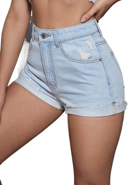 

ripped rolled hem denim shorts x84a#, White;black