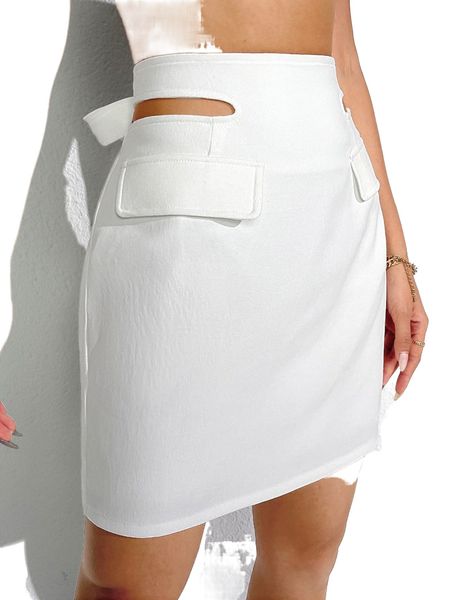 

solid flap detail tie back skirt x7dt#, Black