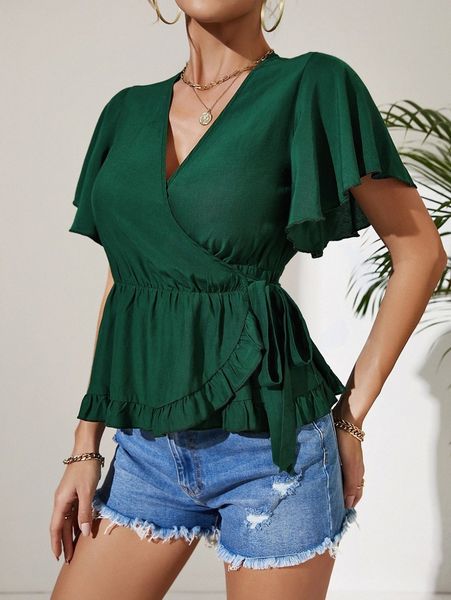 

solid ruffle trim butterfly sleeve wrap blouse 61kn#, White