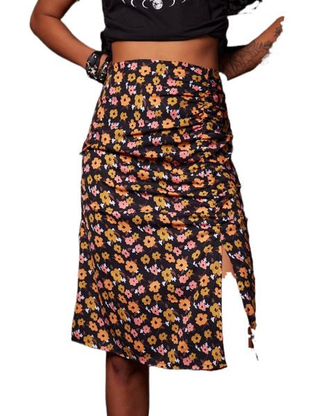 

romwe floral print split ruched skirt p3tn#, Black
