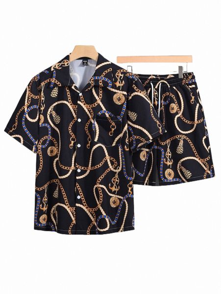 

romwe guys chain & rope print shirt & shorts k2jd#, Gray