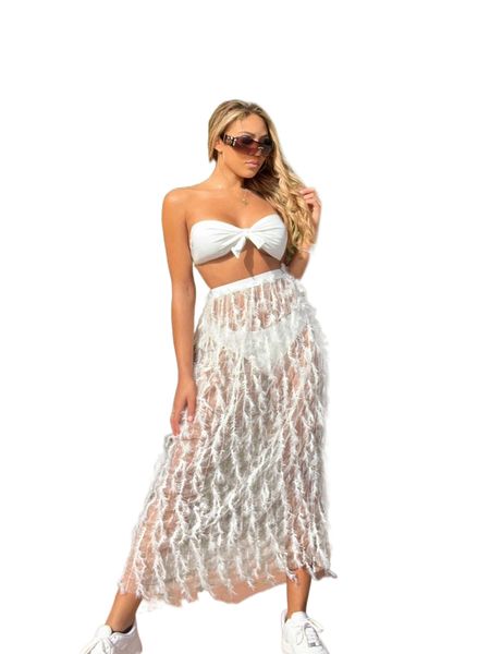 

knot front bandeau bikini swimsuit with beach skirt w9rc#, White;black