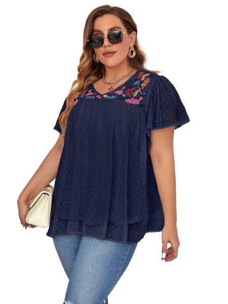 

plus floral embroidery swiss dot butterfly sleeve chiffon blouse j1fy#, Black